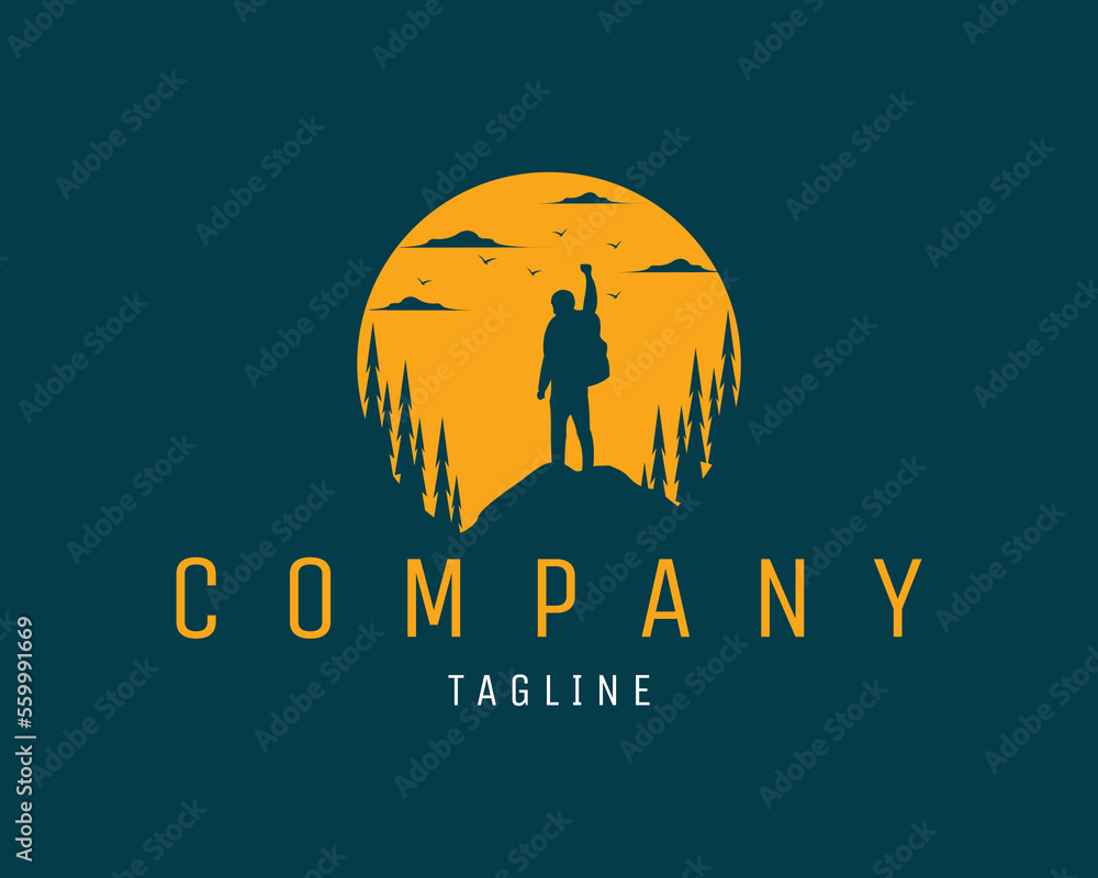 silhouette mountain climber logo. premium design with amazing night sky view. Best for badge, emblem, concept, t-shirt and sticker design. available eps 10.