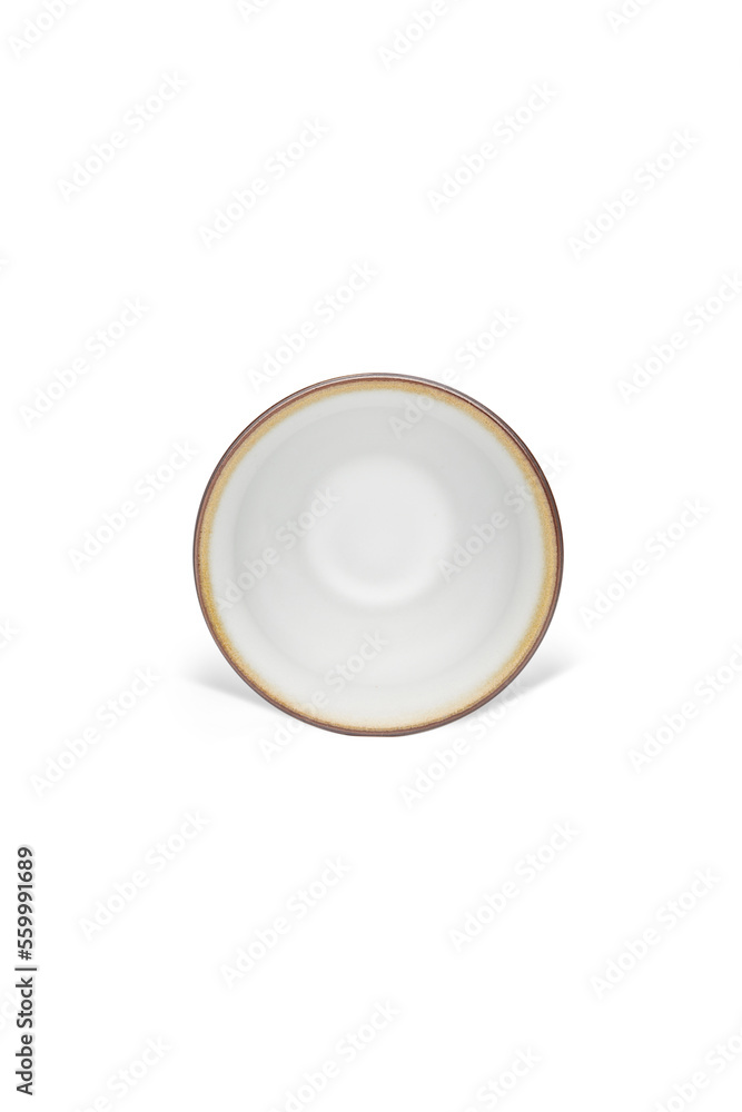 Detailed shot of an original white porcelain rimmed cup in chinese style. The designer bowl with border is isolated on the white background. Top view. Detailed shot of an original white porcelain rimmed cup in chinese style. The designer bowl with border is isolated on the white background. Top view.