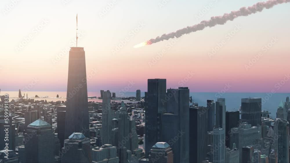Asteroid or missile burning over new York Manhattan, Aerial Drone view ...