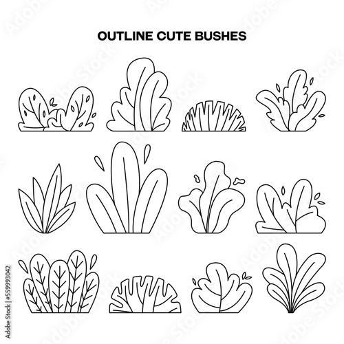 Set of hand drawn cute doodle bush, grass in outline style