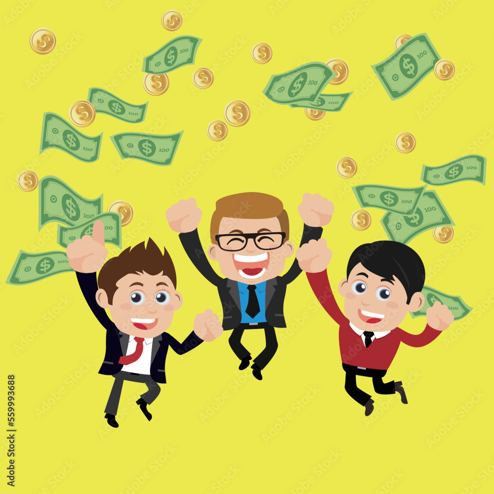 Business people on pile of money cash Business people on pile of money cash