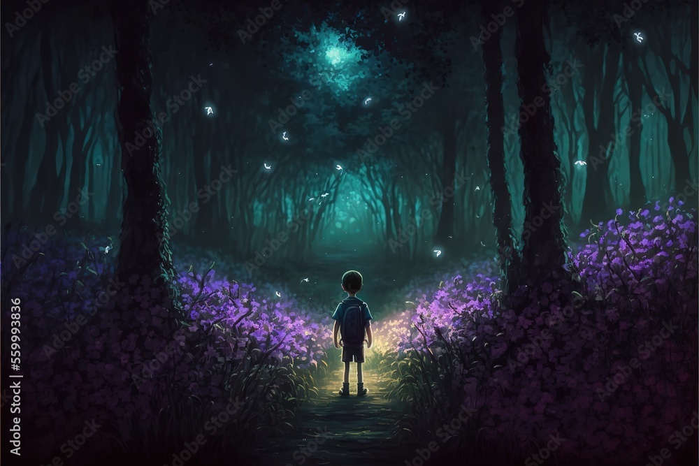 A boy in a field of magical purple flowers