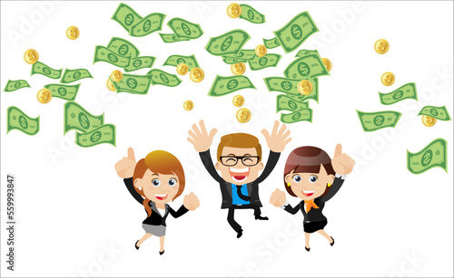 Business people on pile of money cash