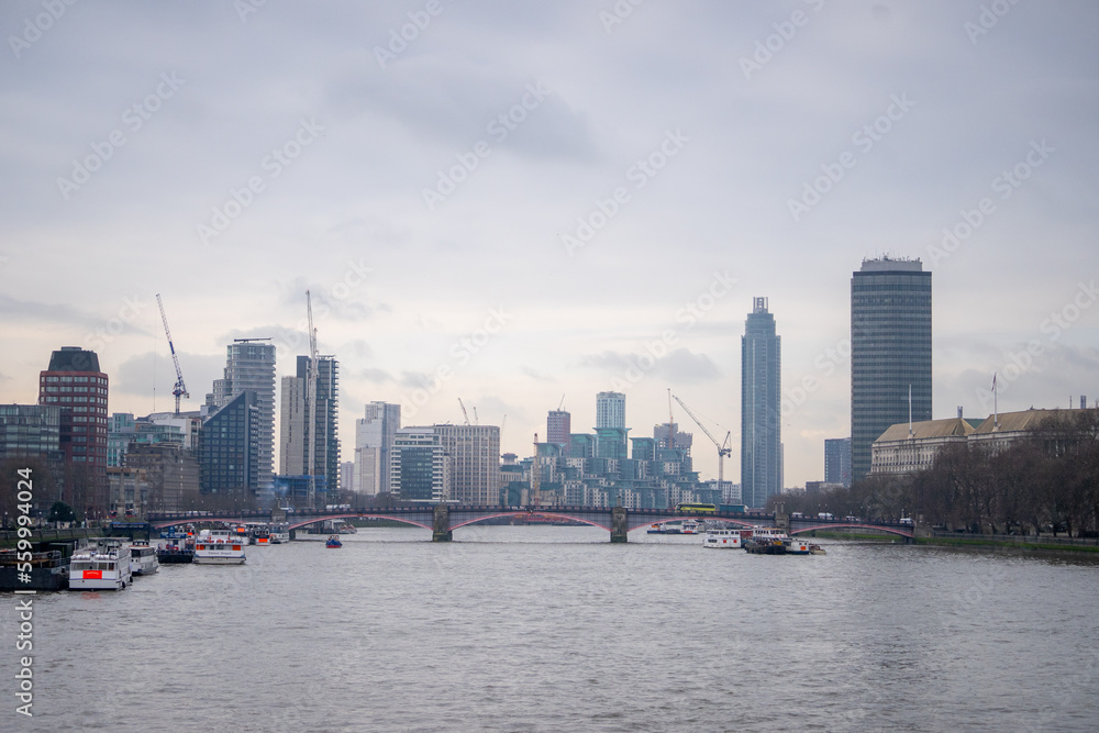 Beautiful view around London Eye Westminster Bridge near River Thames and Palace of Westminster during winter in London , United Kingdom : 13 March 2018 Beautiful view around London Eye Westminster Bridge near River Thames and Palace of Westminster during winter in London , United Kingdom : 13 March 2018