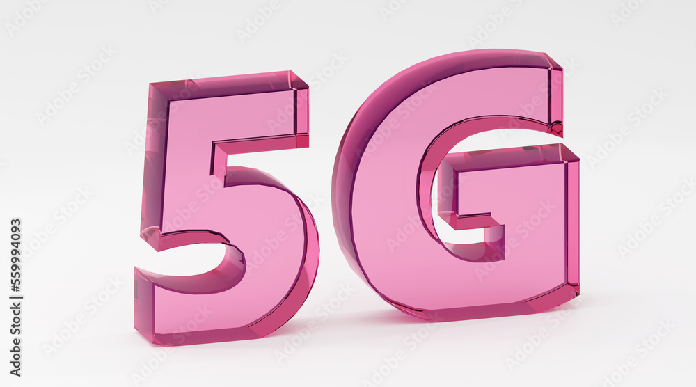 Inscription glass 5g on grey podium, soft light, smooth background, 3d rendering Inscription glass 5g on grey podium, soft light, smooth background, 3d rendering