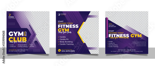 Gym fitness social media post banner workout exercise promotional square template design set.