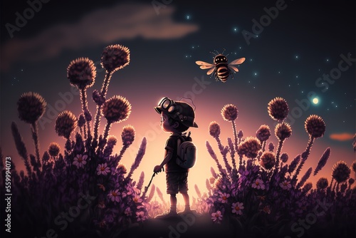 A boy in a field of magical purple flowers