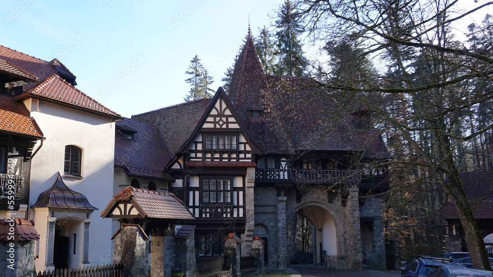 Sinaia, Romania. Typical architecture with german influence in the city from Carpathian Mountains