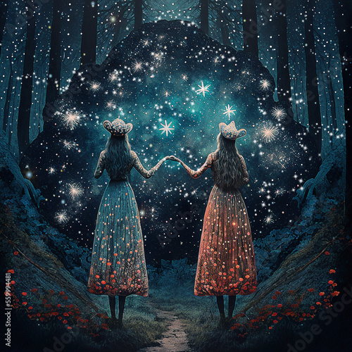 Two Woodland Sisters Looking Into Space