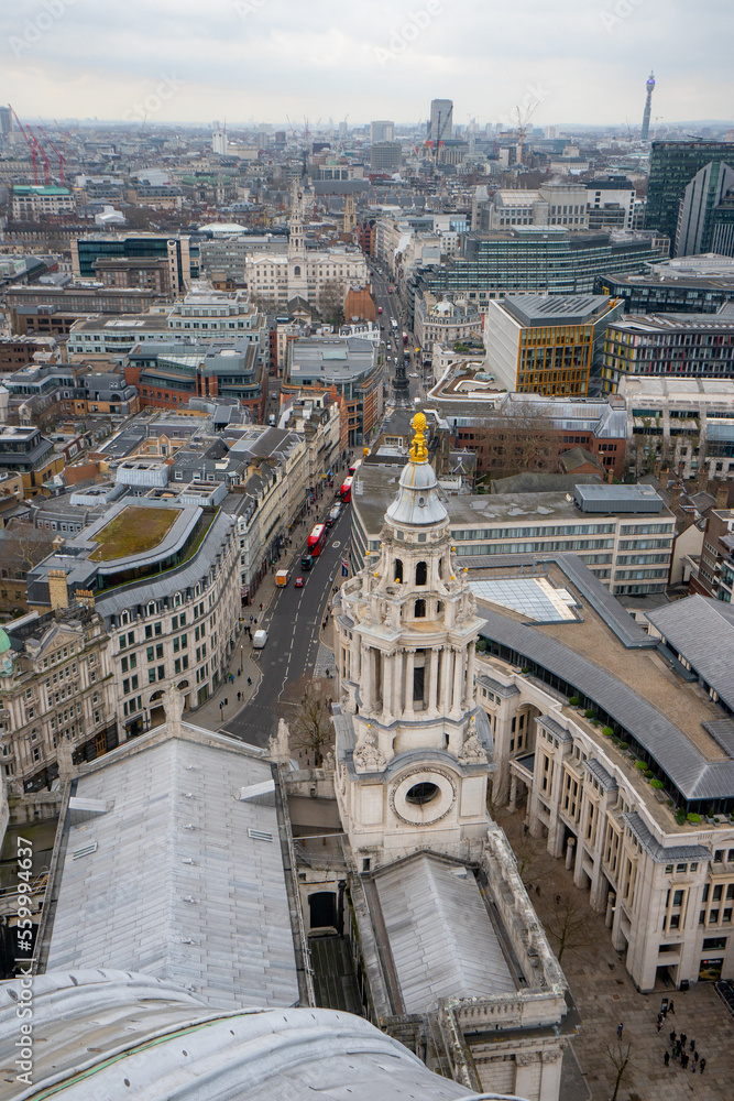 Panoramic view of London from St. Paul's Cathedral observatory during winter cloudy day in London , United Kingdom : 13 March 2018