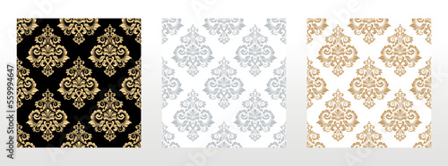 Wallpapers in the style of Baroque. Seamless vector backgrounds. Set of colored floral ornaments. Graphic patterns for fabric, wallpaper, packaging. Ornate Damask flower ornaments