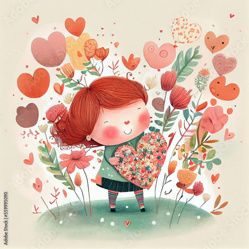 Watercolor Cute Girl Hug Heart, Valentines Day Illustration With Cartoon Character On Green Spring Field. Love, Valentine Holiday Celebration, Cute Adorable Child With Flowers And Hearts Greeting