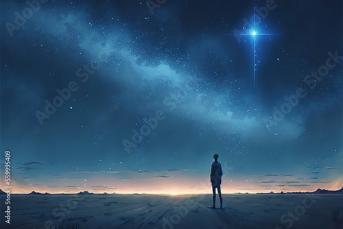 A man in the desert under the starry sky