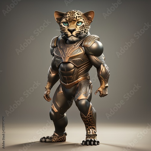 Full body Anthropomorphic leopard. Armored mascot. Digital illustration. Generative AI.