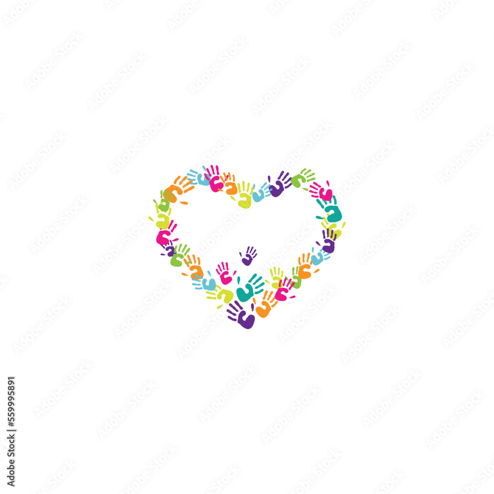 Heart shaped with colorful handprints.