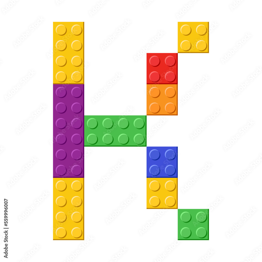 Colorful toy bricks of letter K cartoon illustration. Rainbow letter from blocks for children poster, games, banner or to compose word. ABC typography, font concept Colorful toy bricks of letter K cartoon illustration. Rainbow letter from blocks for children poster, games, banner or to compose word. ABC typography, font concept