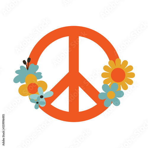 Retro groovy illustration. Pacific symbol with flowers in flat style. 60's, hippie, peace and love concept. Colorful vector isolated clip art.