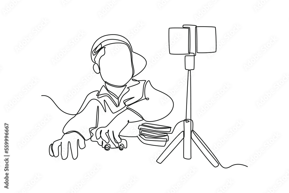 Continuous one line drawing Happy Young boy recording his lifestyle blog while talking to a smartphone on a tripod. Vlogging concept. Single line draw design vector graphic illustration.
