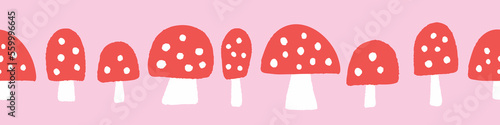 Mushroom background pattern border . Vector seamless repeat banner of red spotted hand drawn textured mushrooms. 