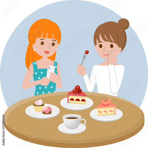 Illustration cartoon of beautiful women chatting and having afternoon tea, cake and coffee