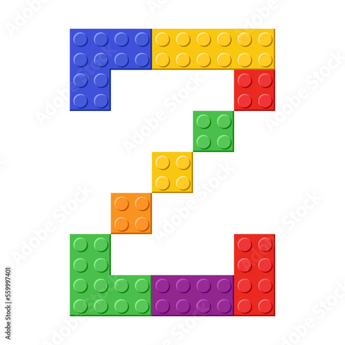 Colorful toy bricks of letter Z cartoon illustration. Rainbow letter from blocks for children poster, games, banner or to compose word. ABC typography, font concept