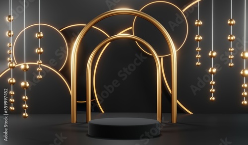3D rendering of backdrop black podium background show room for black friday products and sale banner © Thares2020