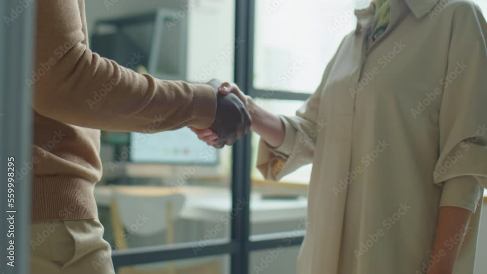 Midsection shot of black businessman greeting Caucasian female colleague with handshake and speaking with her while meeting in office Midsection shot of black businessman greeting Caucasian female colleague with handshake and speaking with her while meeting in office