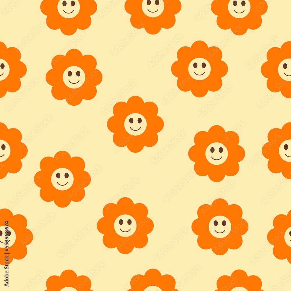 seamless pattern with orange flowers with smile and eyes, in the style of a hippie on a yellow background.. seamless pattern with orange flowers with smile and eyes, in the style of a hippie on a yellow background..