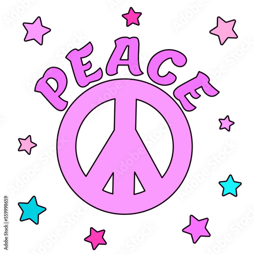 Icon, sticker in hippie style with violet Peace sign, text Peace and stars on white background. retro style