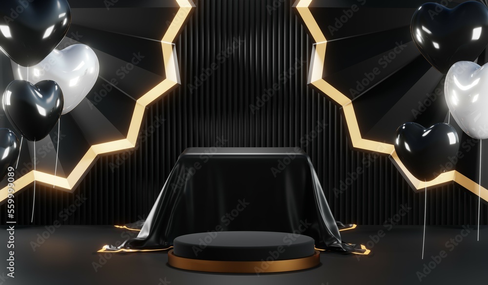 3D rendering of backdrop black podium background show room for black friday products and sale banner 3D rendering of backdrop black podium background show room for black friday products and sale banner