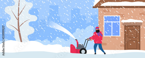 man using a snow blower to clean snow winter weather srorm vector illustration