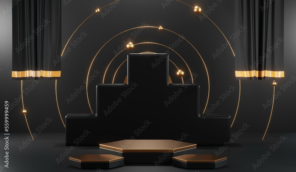 3D rendering of backdrop black podium background show room for black friday products and sale banner 3D rendering of backdrop black podium background show room for black friday products and sale banner