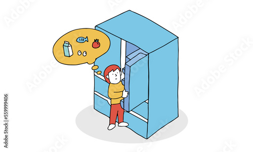 冷蔵庫を除いている女性のイラスト
