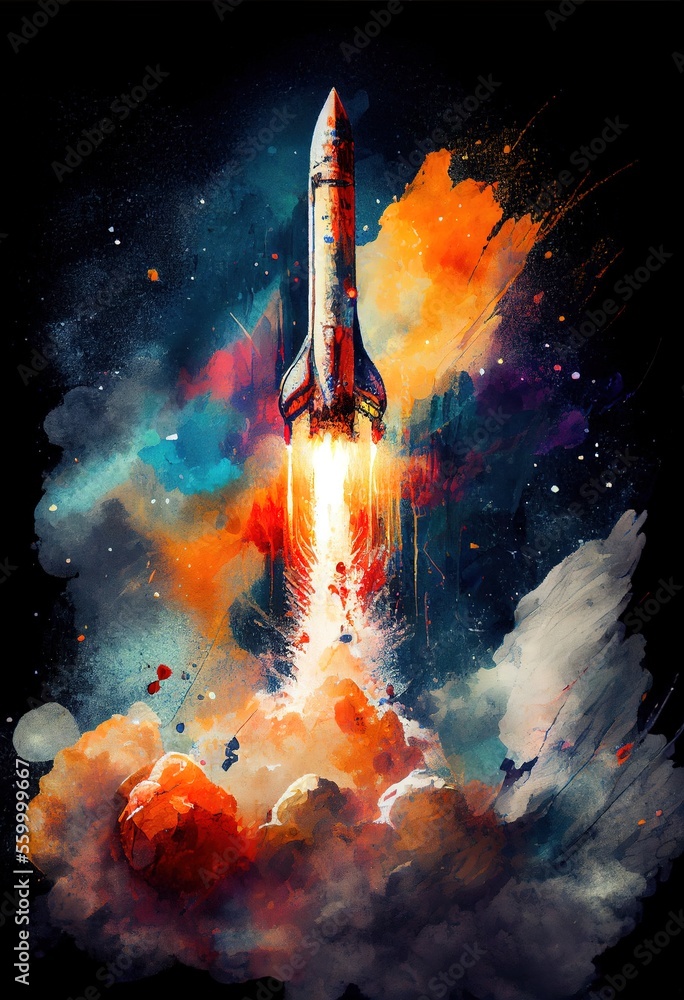 Rocket launch colorful Illustration on black background. Generative art	