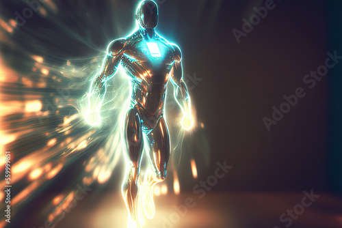 Abstract holographic super hero soaring. Blurred motion. Generative art