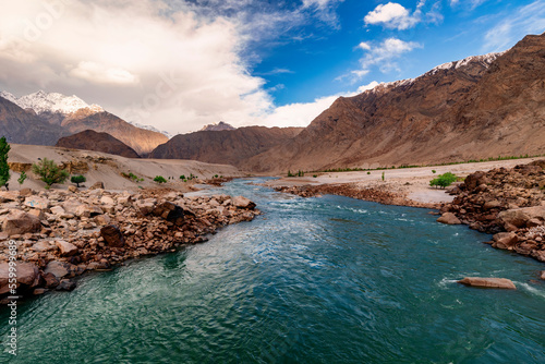 River Indus at Skardu, turquoise river water and the mountains  photo