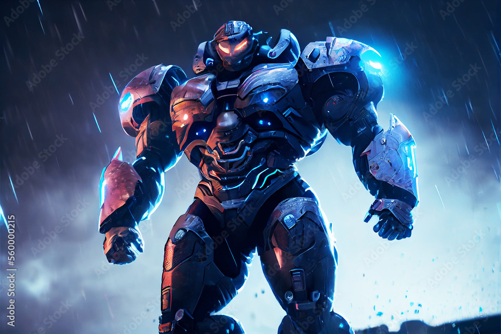 Fototapeta premium Cyberpunk soldier city patrol - 3D illustration of science fiction military robot warrior patrolling nighttime in the heavy rain.