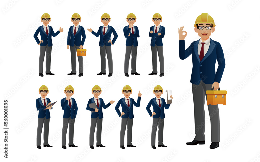 Set of engineer with different poses Set of engineer with different poses