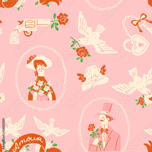 Romantic seamless pattern for Valentine's Day celebration. Lady and gentleman holding flowers, flying doves, love gun and a heart shaped lock. Hand drawn elements in retro style.