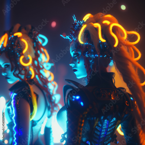 Young cyberGoth women dancing, dressed in unique cyberpunk fashion. AI-Assisted Image