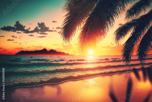A tropical beach at sunset with clear water and palm trees. The setting sun casts a golden glow on the idyllic scene. AI-Assisted Image