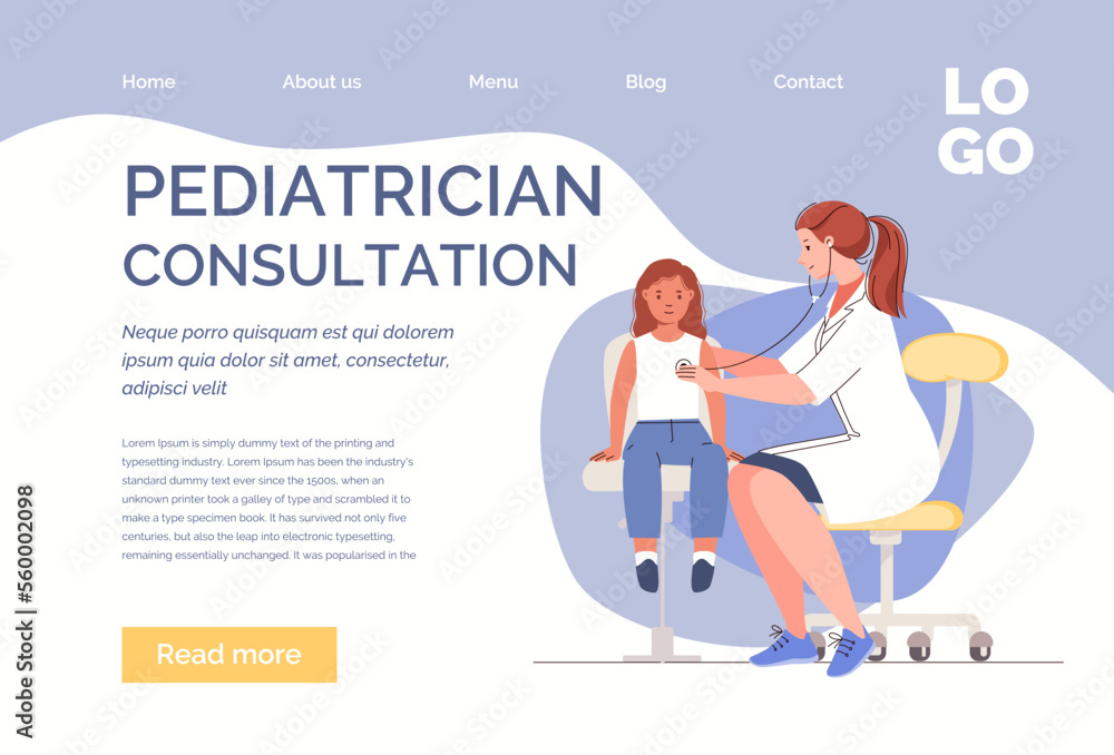 Examination of sick girl by pediatrician. Doctor listens to child's lungs. Vector characters flat cartoon illustration. Landing page template.