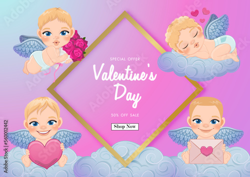Valentine day sale background with cute cupids different activity on pastel sky vector