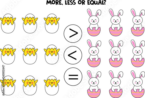 More, less or equal with cute cartoon Easter rabbits and chicks.