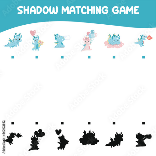 Find the correct shadow. Educational matching game for children. Kids educational game. Preschool worksheet activity. Kawaii Unicorn vector illustrations file.