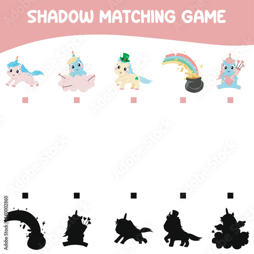 Find the correct shadow. Educational matching game for children. Kids educational game. Preschool worksheet activity. Kawaii Unicorn vector illustrations file.