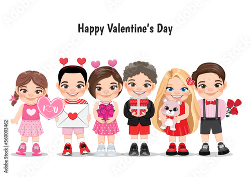 Valentine kids with multicultural little boys and girls dating, celebrating Valentines day flat vector illustration. Young girlfriends and boyfriends isolated cartoon characters vector.