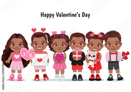 Valentine African American kids with multicultural little black boys and girls dating, celebrating Valentines day flat vector illustration. Young girlfriends and boyfriends cartoon characters vector.