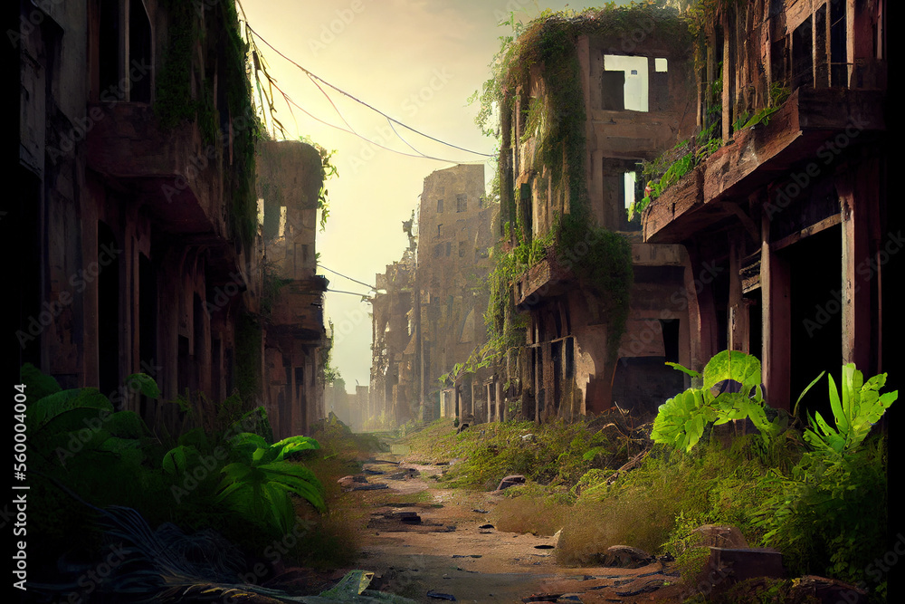Old city ruins with overgrown plants over the buildings, Generative AI