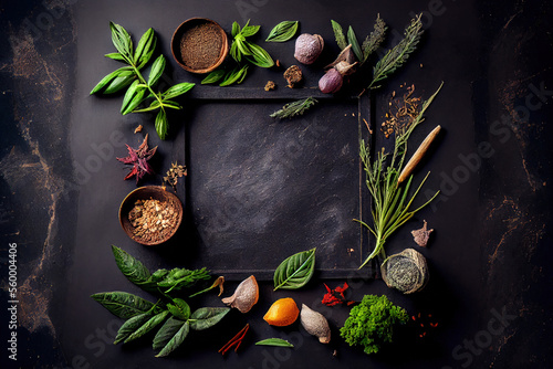 Indian herbs and spices with copy space, Generative AI